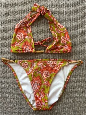 J Crew 2 Piece Paisley Halter Bikini in Green & Orange, Top is L & Bottoms are M